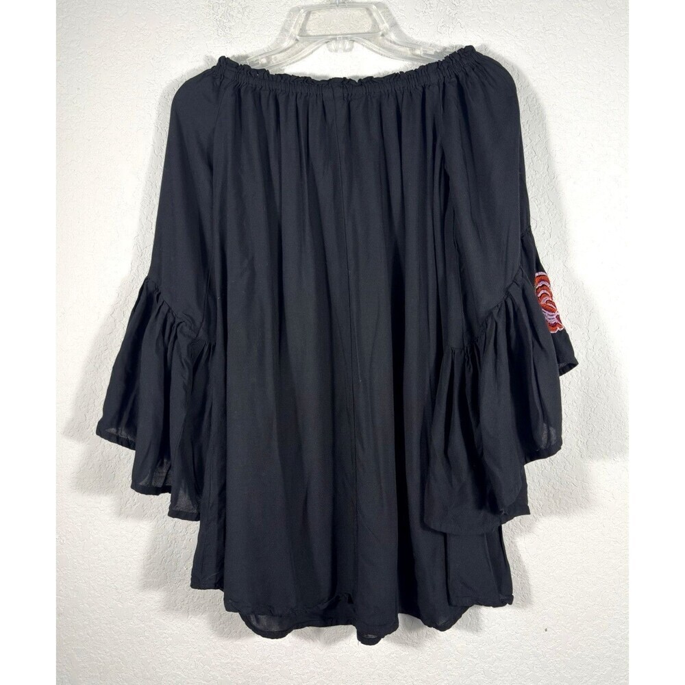 Feathers Boho Peasant Top Off Shoulder Embroidered Bell Sleeve Black S Tunic - Picture 3 of 8